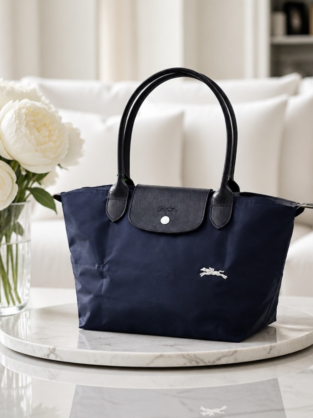 NWT Longchamp 70 Anniversary Le Pliage Navy Tote Bag Black Leather Trim.